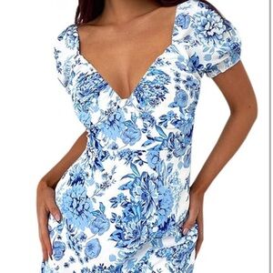 SWEETHEART V Neck Floral Midi Dress Puff Sleeve Side Split Smocked Back SZ L